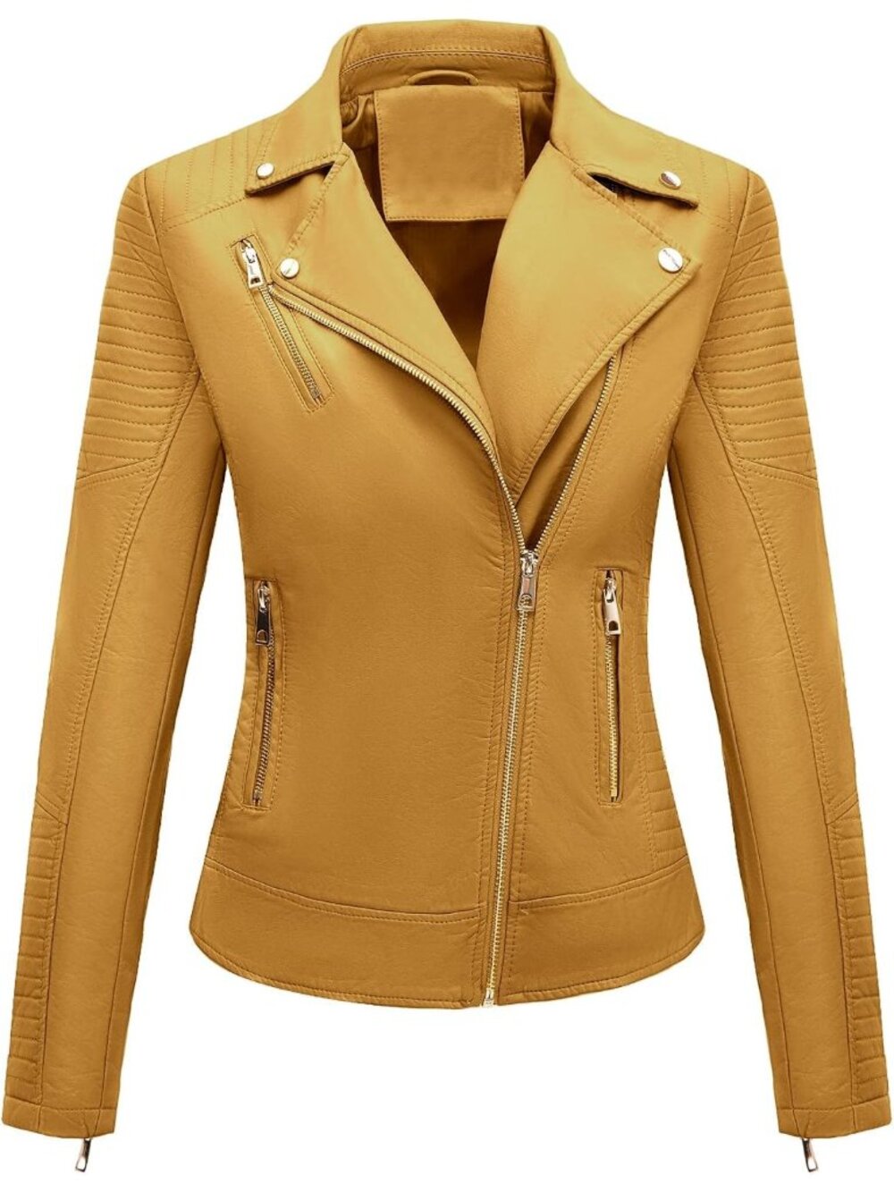 Women’s Faux Leather Moto Jacket Lightweight Casual Biker Coat- Ginger